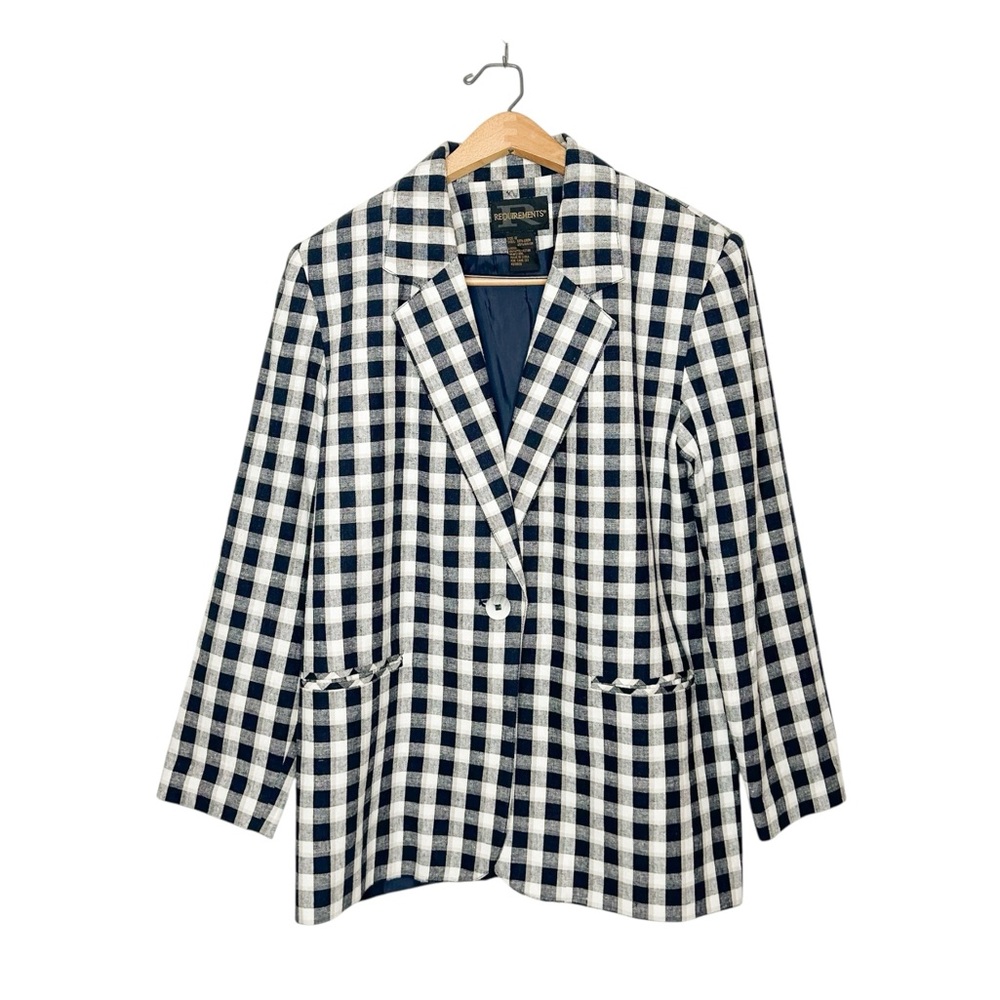 Vintage Requirements Classic Blue‎ White Plaid Single Button Linen Blazer Jacket